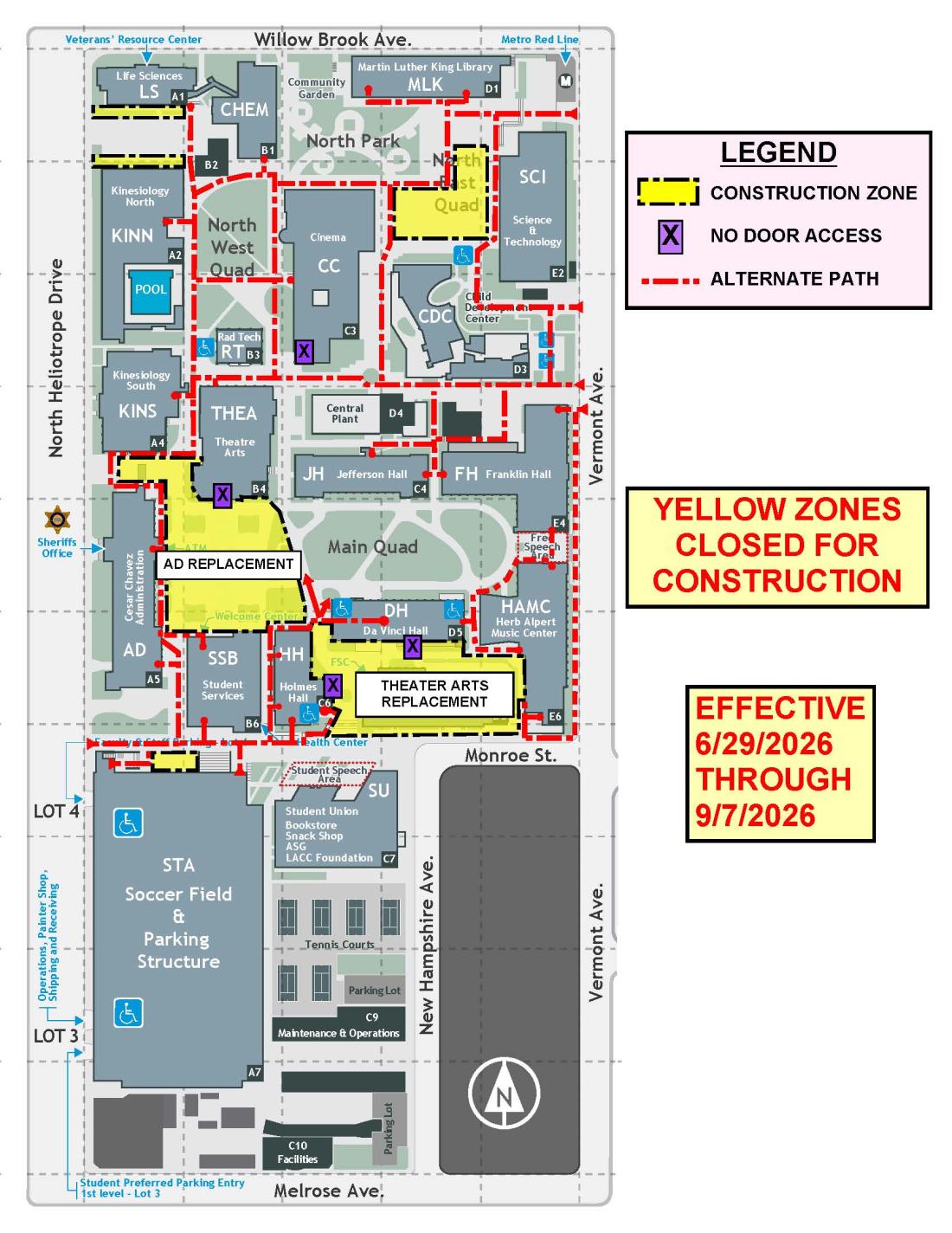 LACC campus map showing construction zones, alternate paths, parking, and building locations for Holmes Hall and the Student Union